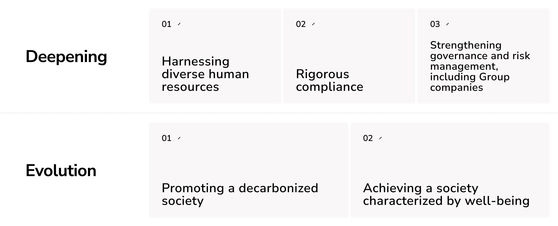 Deepening : Harnessing diverse human resources, Rigorous compliance, Strengthening governance and risk management, including Group companies. Evolution : Promoting a decarbonized society, Achieving a society characterized by well-being.